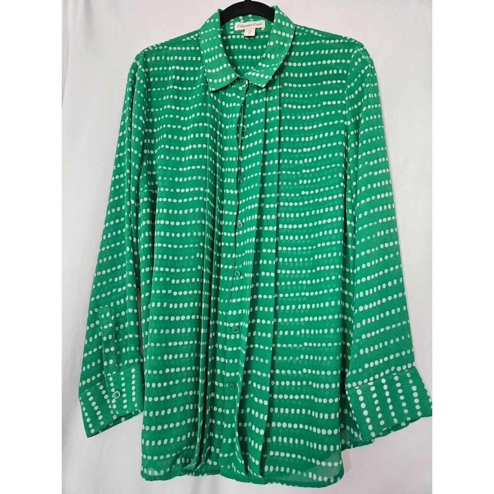 Coldwater Creek green white chiffon‎ top shirt size L 14 polka dot blouse